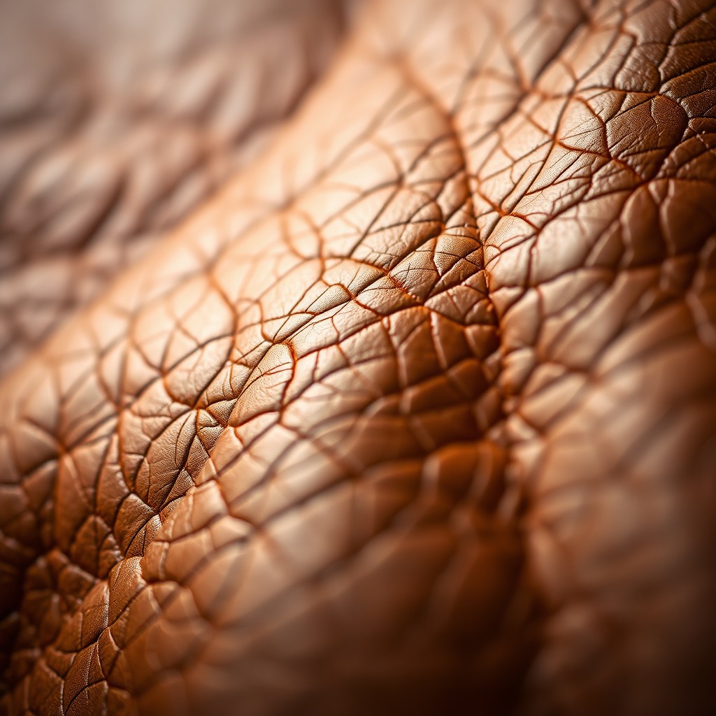 A close-up of a beautifully textured leather surface, showcasing intricate details such as natural grain patterns, creases, and stitches