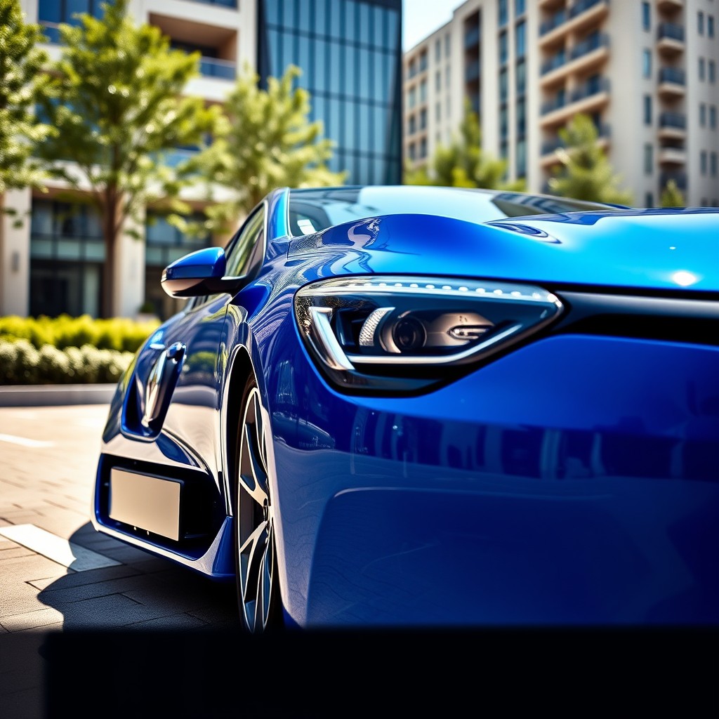 A vibrant blue Renault Megane 2 parked in an urban environment, showcasing its sleek design and stylish features