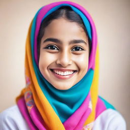 A joyful young girl wearing a colorful hijab, smiling brightly against a soft background.