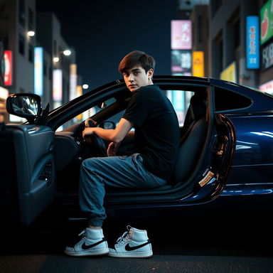 A grunge-style analog photo of a young adult sitting in the front of a Toyota Supra car in Tokyo, Japan