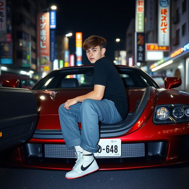 A grunge-style analog photo of a young adult sitting in the front of a Toyota Supra car in Tokyo, Japan