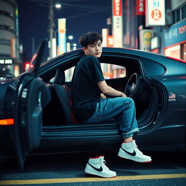 A grunge-style analog photo of a young adult sitting in the front of a Toyota Supra car in Tokyo, Japan