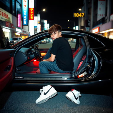 A grunge-style analog photo of a young adult sitting in the front of a Toyota Supra car in Tokyo, Japan