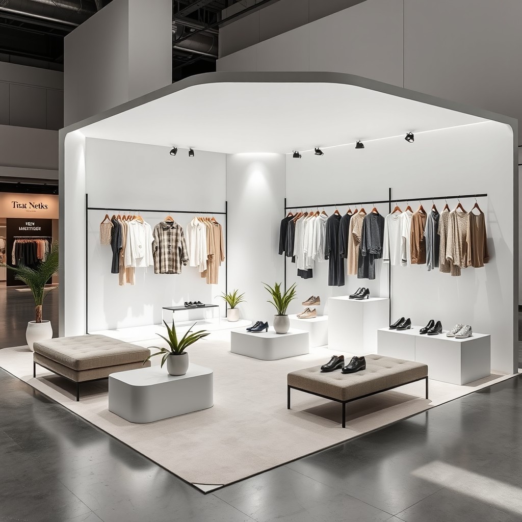 A modern and sleek minimalist booth design for showcasing apparel and footwear, covering an area of 60 square meters
