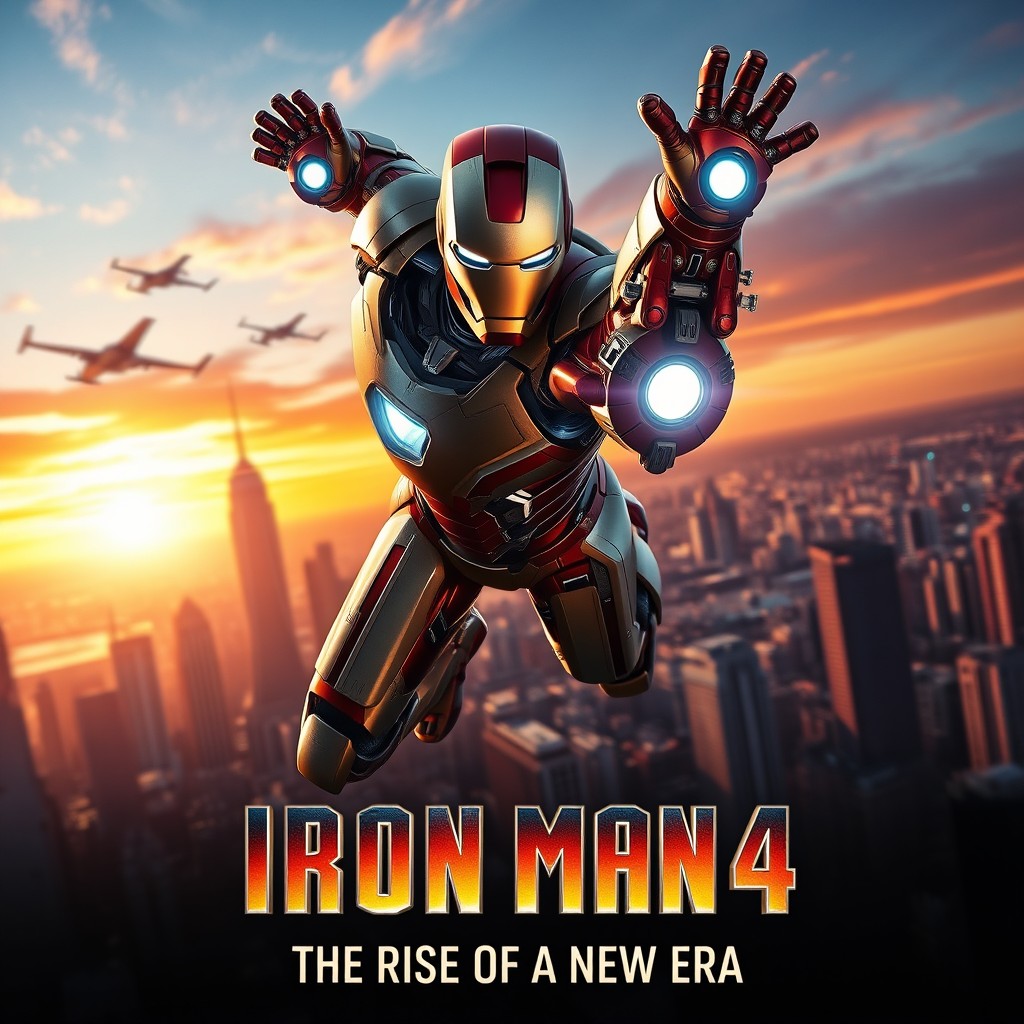A cinematic poster for an imagined 'Iron Man 4', featuring a sleek and powerful Iron Man suit in a dynamic flying pose against a vibrant cityscape at sunset