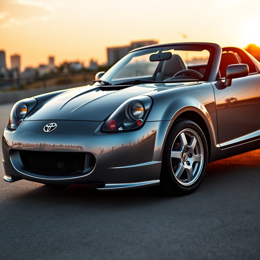 A stunning metallic grey Toyota MR2 Spyder featuring rounded headlights and a sleek chrome grill