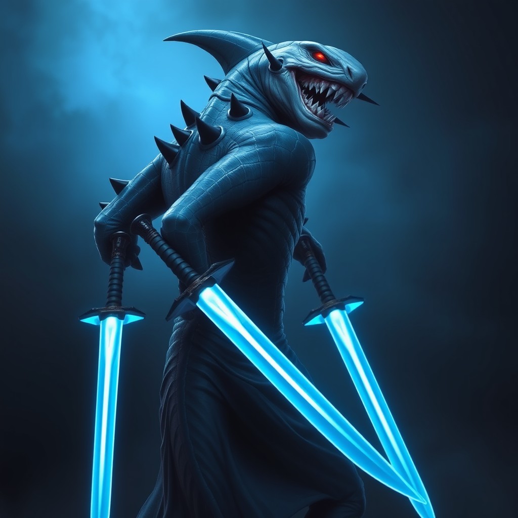 A menacing shark-like humanoid creature with dark blue scaly skin and black spikes on its shoulders and arms