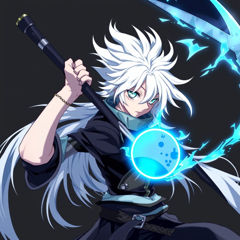 An original anime character inspired by Satoru Gojo from Jujutsu Kaisen, Shanks from One Piece, and Yami from Black Clover