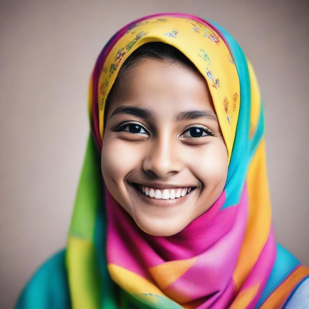 A joyful young girl wearing a colorful hijab, smiling brightly against a soft background.