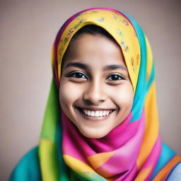 A joyful young girl wearing a colorful hijab, smiling brightly against a soft background.