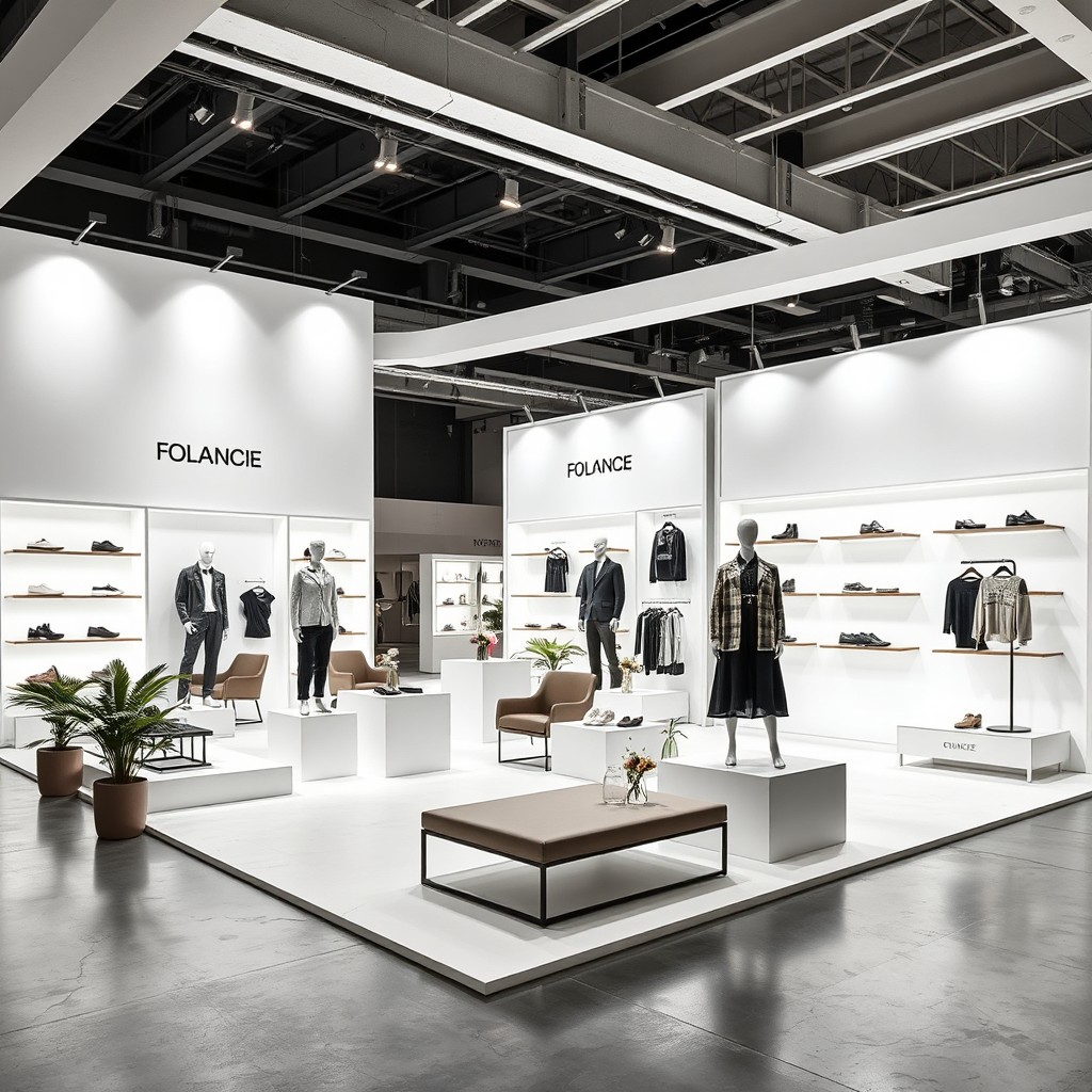 A modern and sleek minimalist booth design for showcasing apparel and footwear, covering an area of 60 square meters