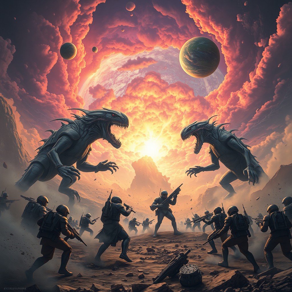 A surreal and intense scene depicting a twisted dream of war between worlds, featuring giant alien creatures clashing in a futuristic landscape