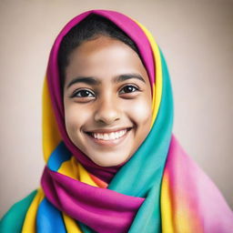 A joyful young girl wearing a colorful hijab, smiling brightly against a soft background.