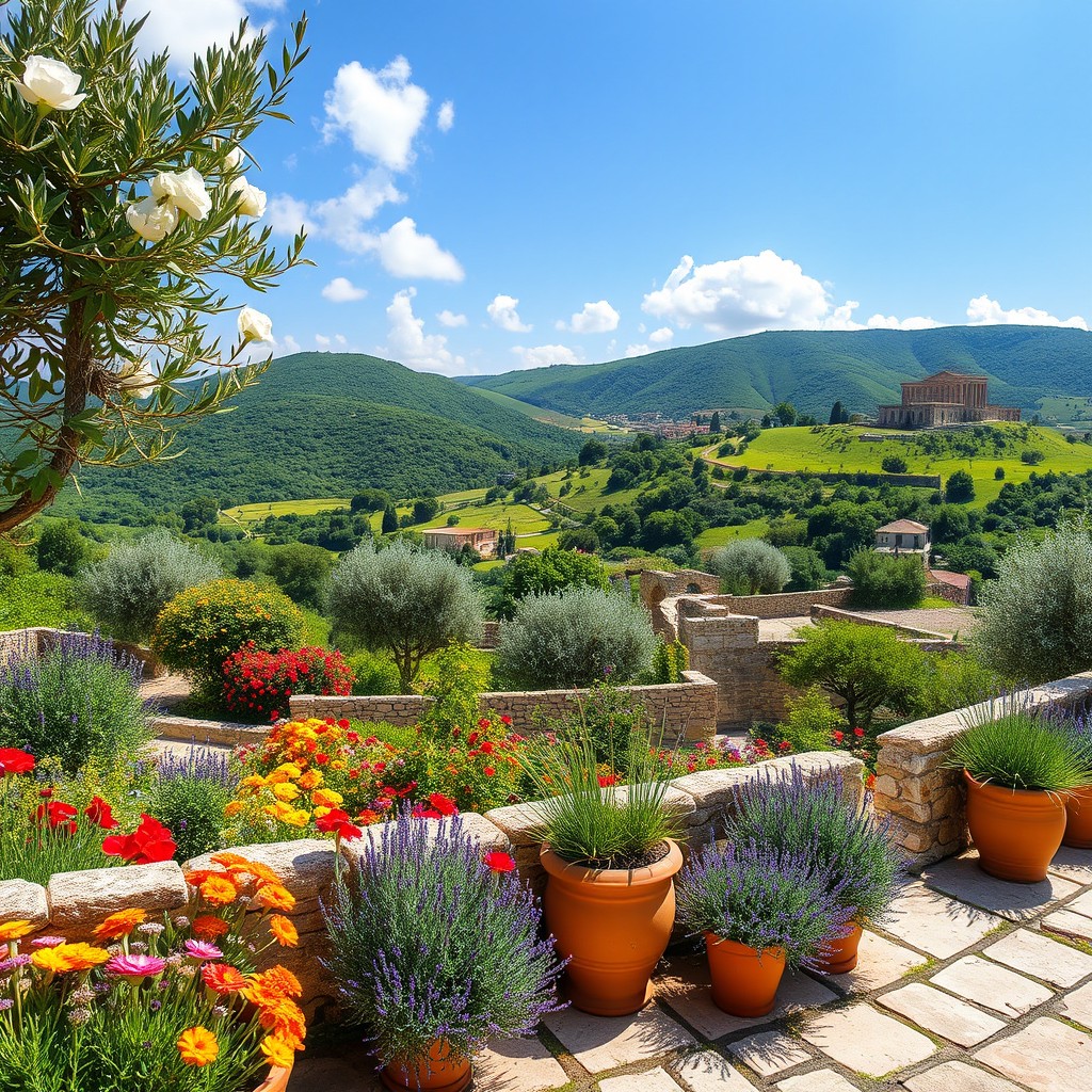 Stunning views of the landscapes in the Peloponnese region of Greece, showcasing vibrant gardens and beautifully manicured outdoor spaces