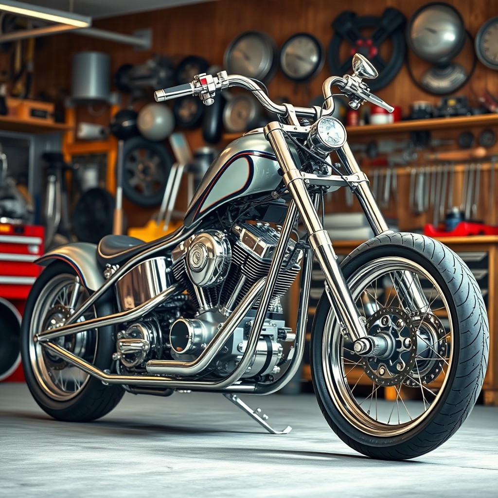 A detailed motorcycle chopper chassis design, showcasing its unique elongated frame, custom fork, and distinct aesthetic features