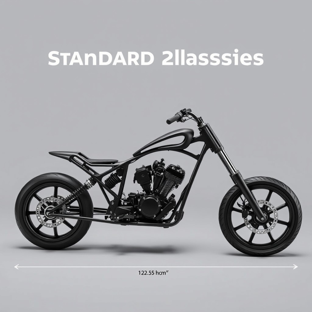 A motorcycle chopper chassis featuring standard dimensions, showcasing a skeletal design with a focus on the structural elements