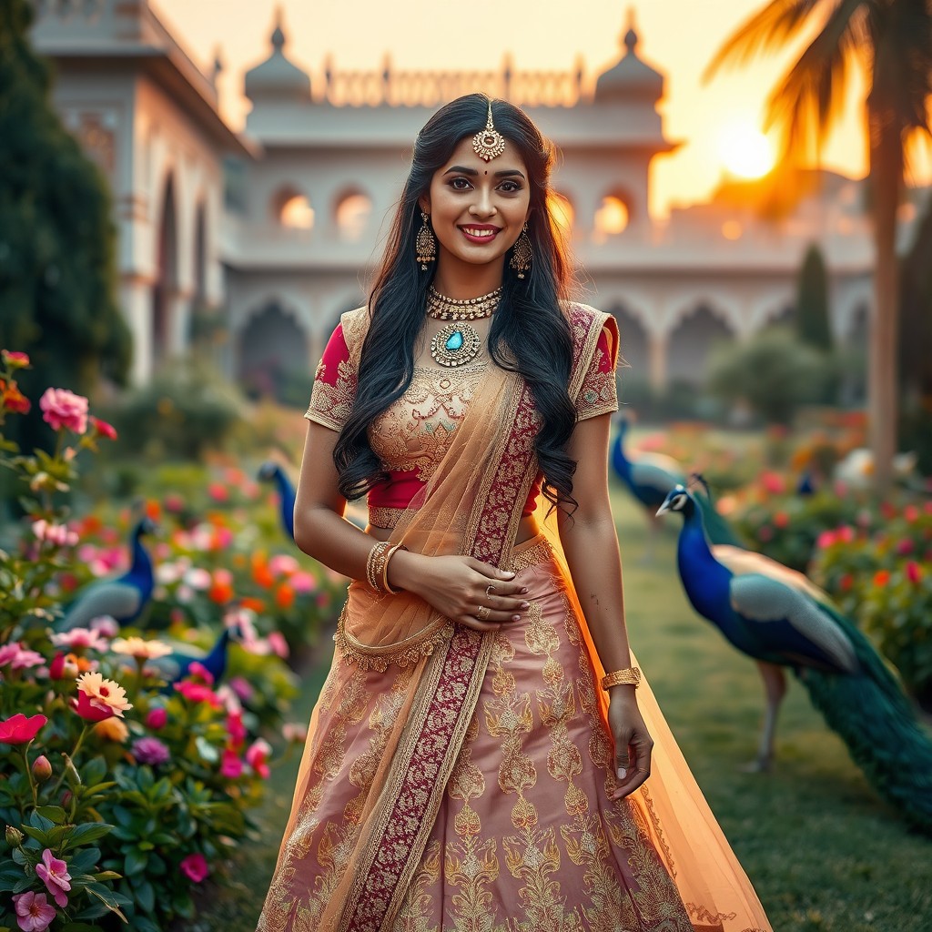 A beautiful Indian princess gracefully standing in a lush, vibrant palace garden