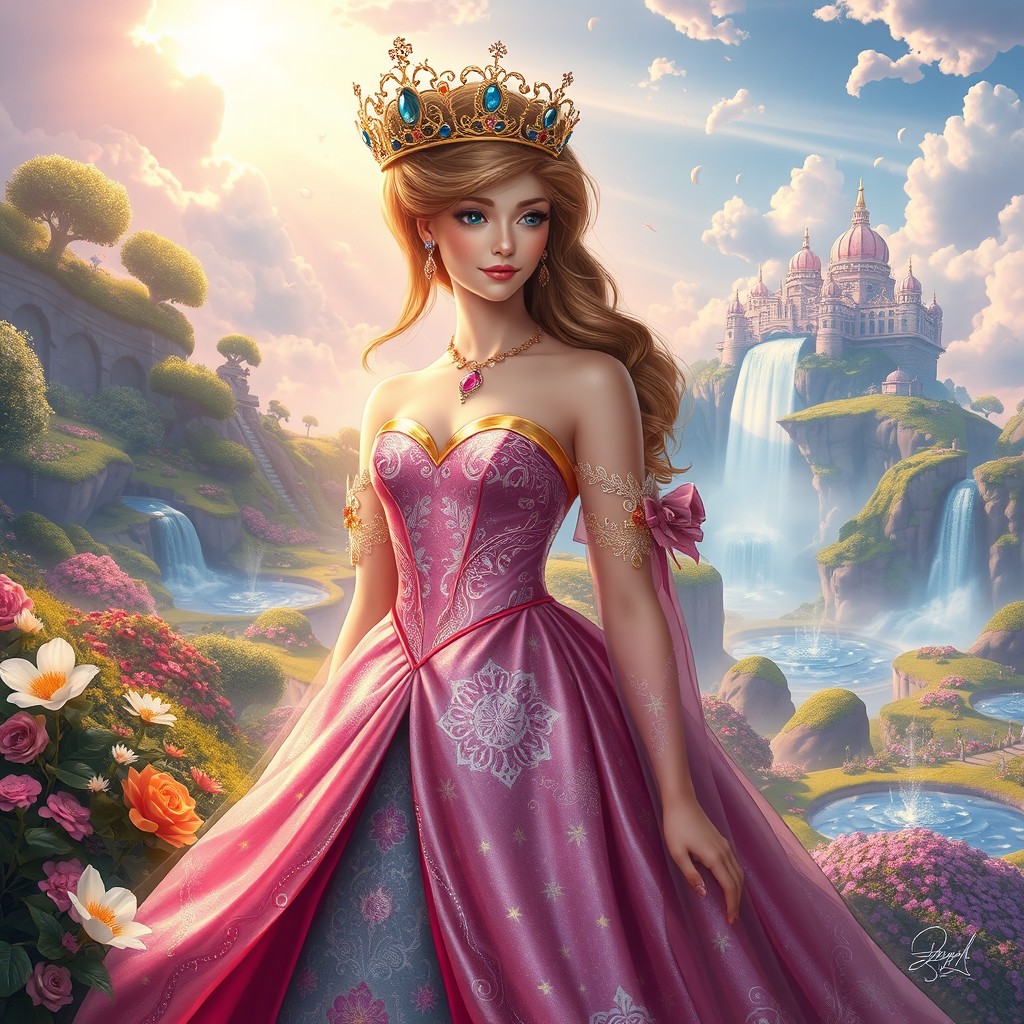 A stunning princess in Swarglok, adorned in a majestic, flowing gown that shimmers with celestial patterns, surrounded by enchanting landscapes filled with lush gardens, mystical clouds, and luminous flowers