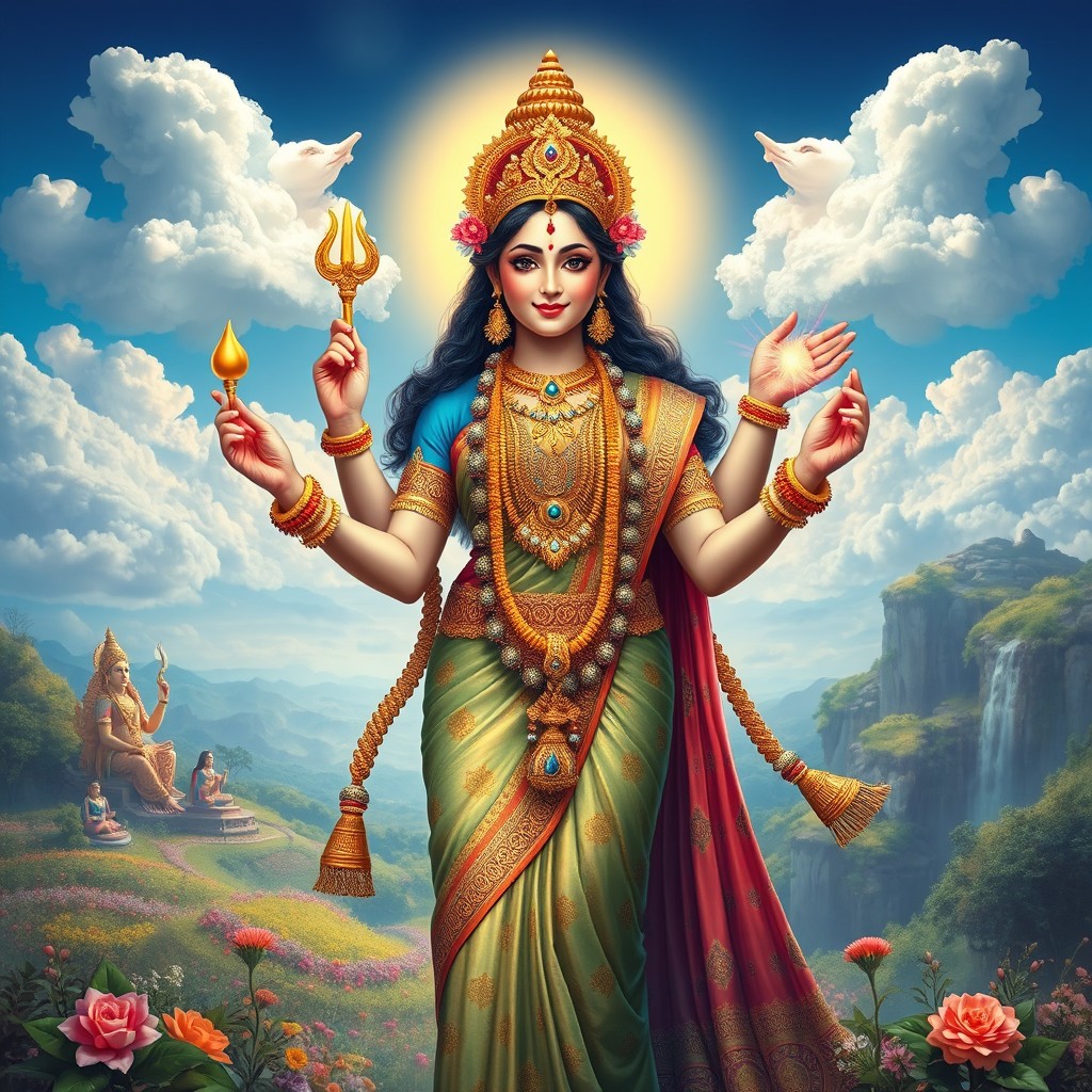 A beautiful Hindu Devi, representing a divine goddess in Swarglok, radiates grace and power