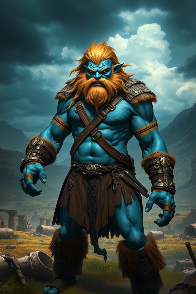 A tall, athletic barbarian with the features of both a bugbear and a troll, displaying striking blue skin with tan accents