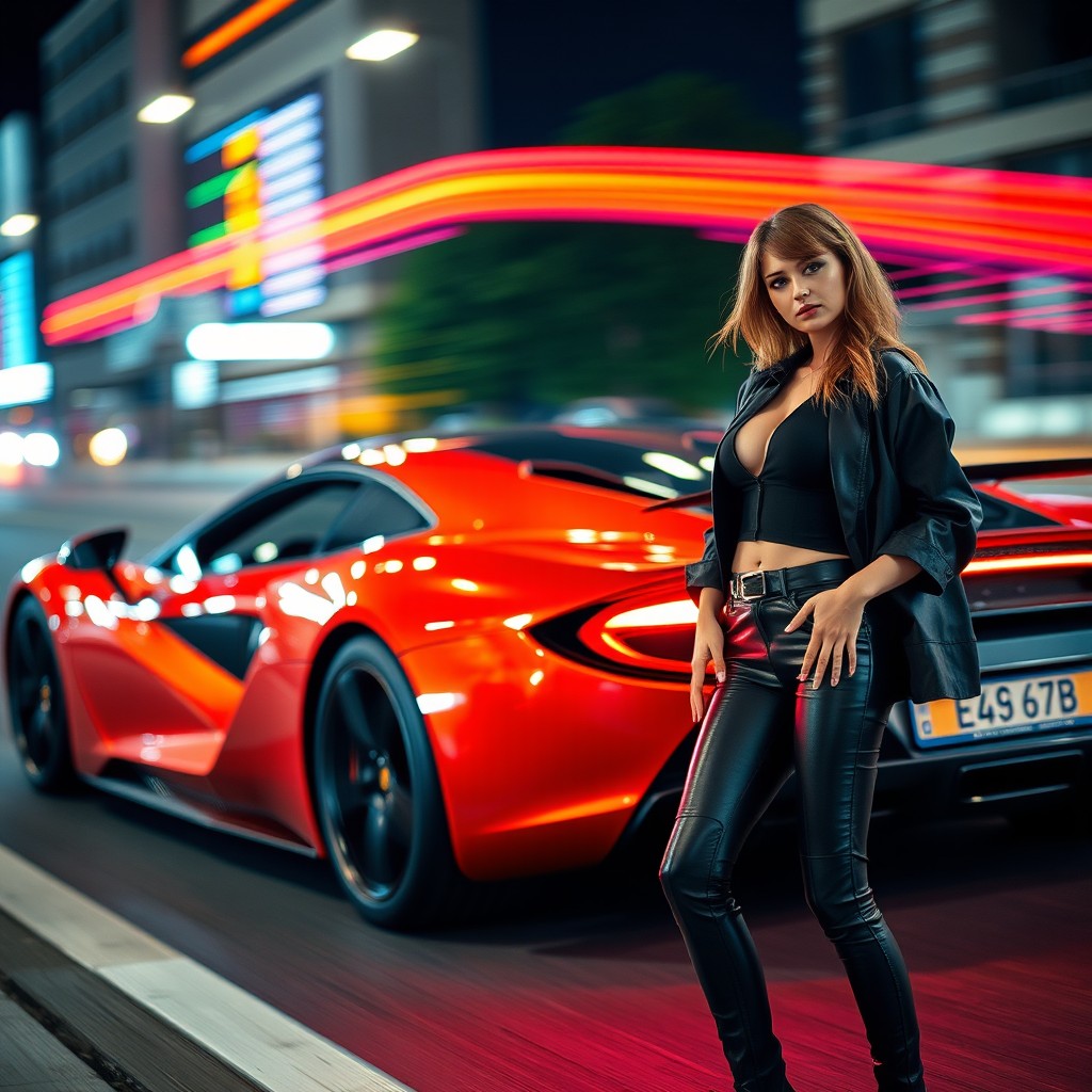 A vibrant scene featuring a sleek, high-performance sports car parked on a city street at night, illuminated by colorful neon lights