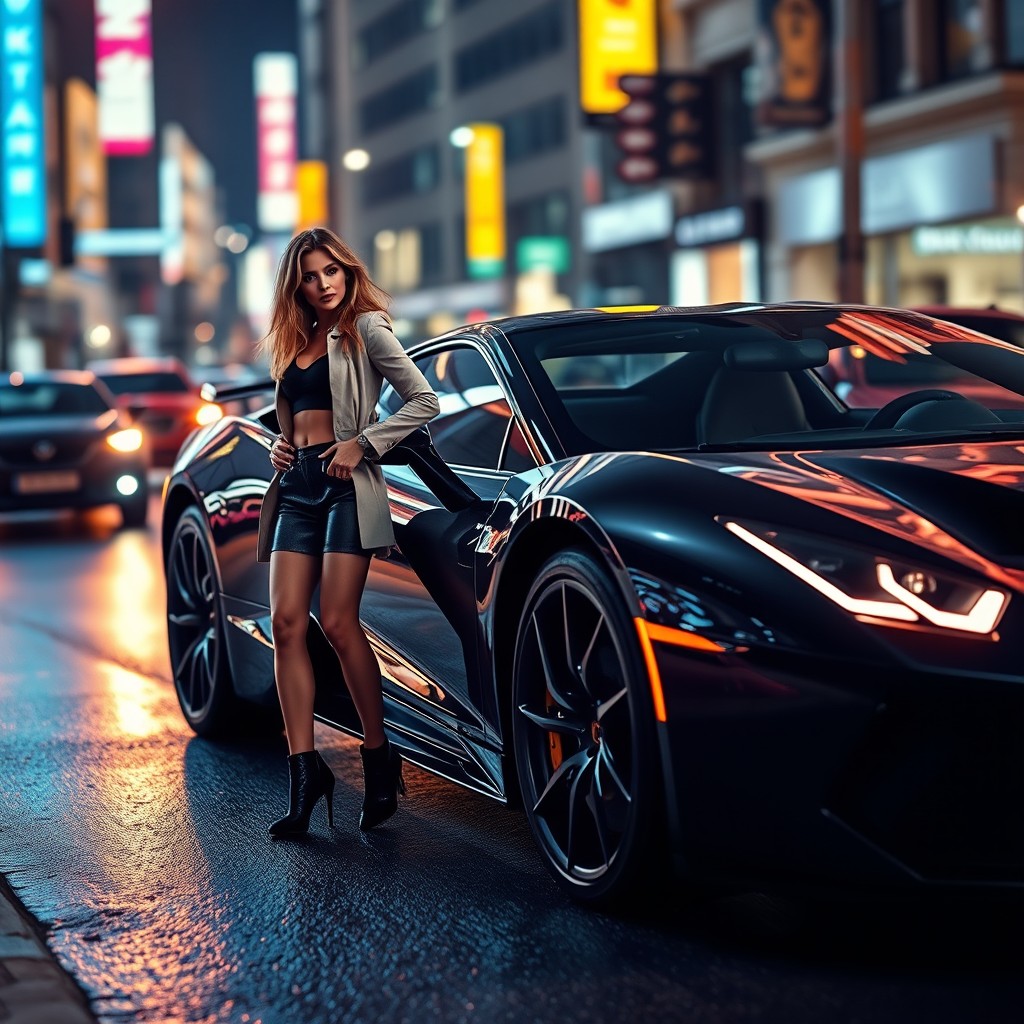 A dynamic scene featuring a sleek, fast sports car parked on a lively urban street, reflecting the lights of the city
