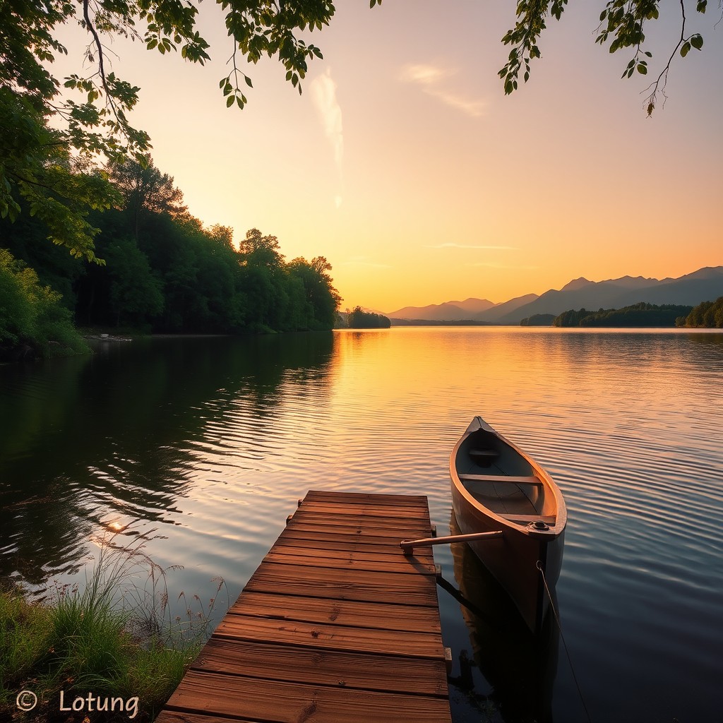 A serene landscape featuring a tranquil lake surrounded by lush greenery, with soft sunlight filtering through the trees, casting dappled shadows on the ground