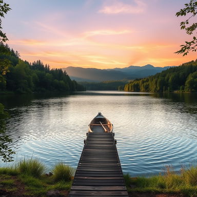 A serene landscape featuring a tranquil lake surrounded by lush greenery, with soft sunlight filtering through the trees, casting dappled shadows on the ground