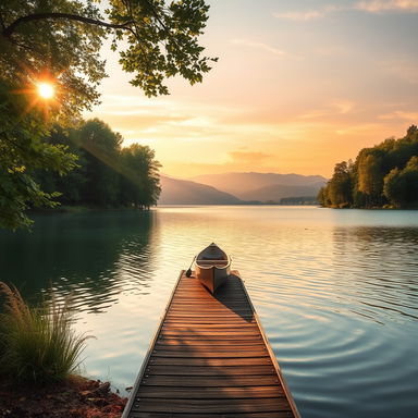 A serene landscape featuring a tranquil lake surrounded by lush greenery, with soft sunlight filtering through the trees, casting dappled shadows on the ground