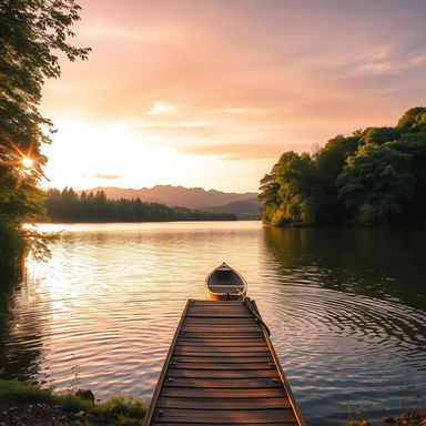 A serene landscape featuring a tranquil lake surrounded by lush greenery, with soft sunlight filtering through the trees, casting dappled shadows on the ground