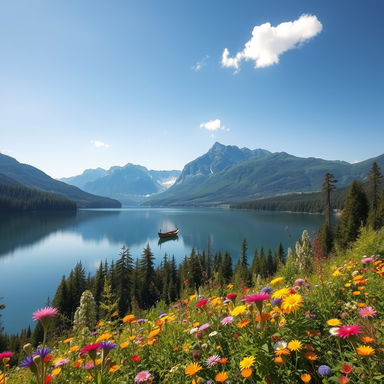 A serene landscape featuring a majestic mountain range under a clear blue sky, with a tranquil lake reflecting the mountains and surrounded by lush green forests