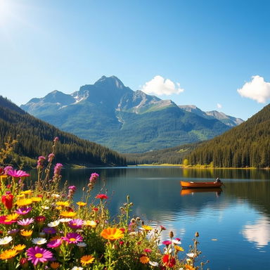 A serene landscape featuring a majestic mountain range under a clear blue sky, with a tranquil lake reflecting the mountains and surrounded by lush green forests