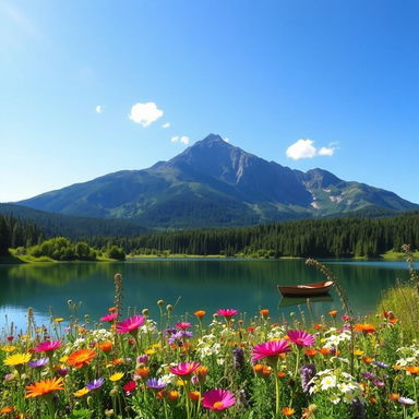 A serene landscape featuring a majestic mountain range under a clear blue sky, with a tranquil lake reflecting the mountains and surrounded by lush green forests
