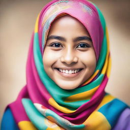 A joyful young girl wearing a colorful hijab, smiling brightly against a soft background.