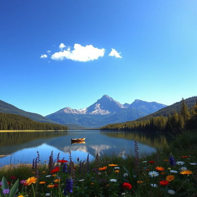 A serene landscape featuring a majestic mountain range under a clear blue sky, with a tranquil lake reflecting the mountains and surrounded by lush green forests