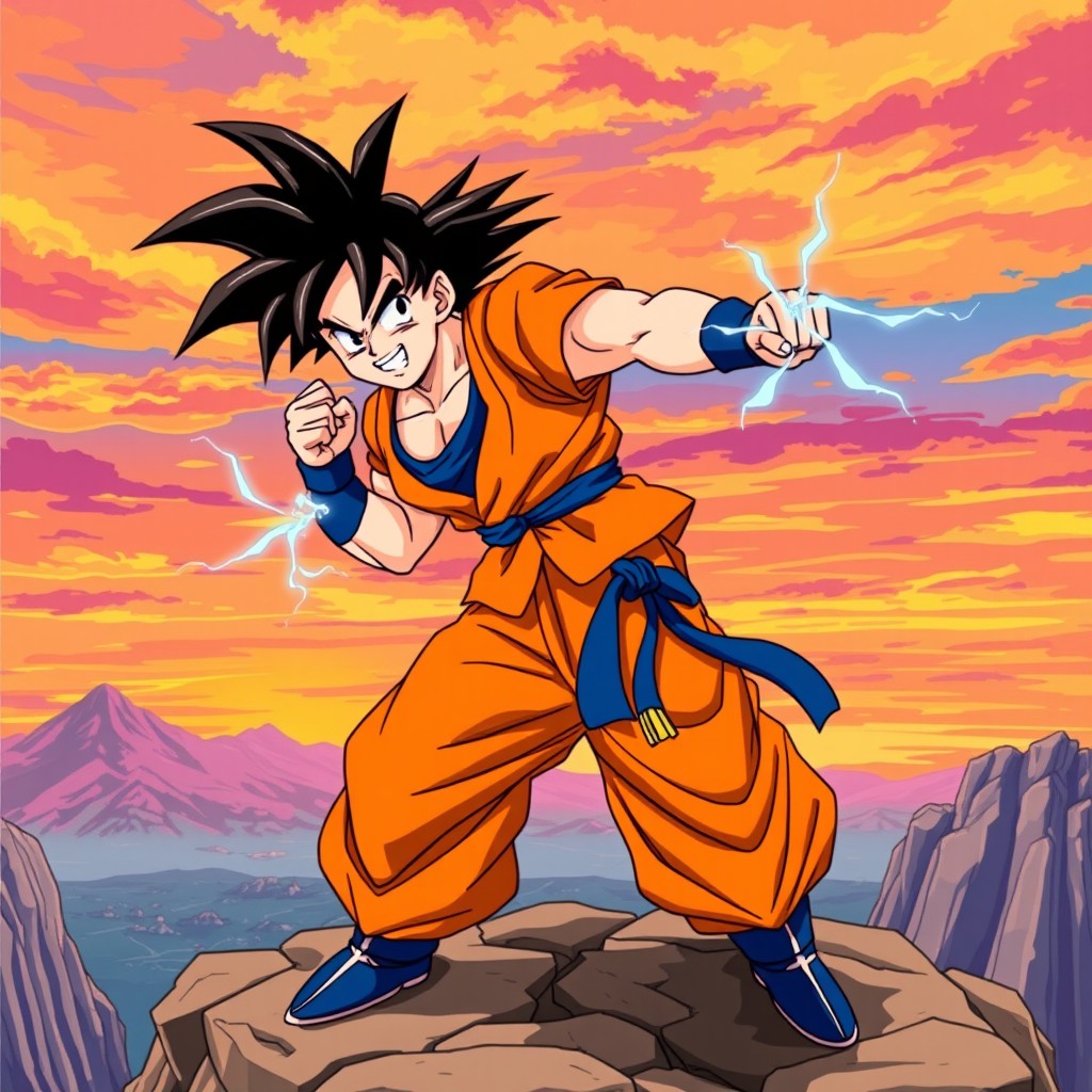 A powerful and dynamic scene featuring Goku from Dragon Ball Z in his iconic orange and blue gi, standing confidently in a dramatic pose atop a rocky cliff
