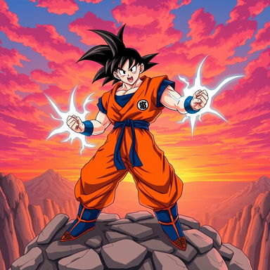 A powerful and dynamic scene featuring Goku from Dragon Ball Z in his iconic orange and blue gi, standing confidently in a dramatic pose atop a rocky cliff
