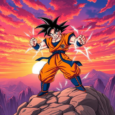 A powerful and dynamic scene featuring Goku from Dragon Ball Z in his iconic orange and blue gi, standing confidently in a dramatic pose atop a rocky cliff