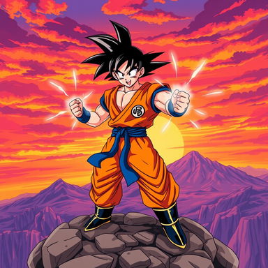 A powerful and dynamic scene featuring Goku from Dragon Ball Z in his iconic orange and blue gi, standing confidently in a dramatic pose atop a rocky cliff