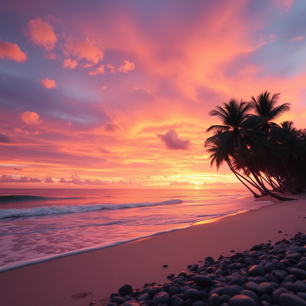 A serene landscape showcasing a pristine beach at sunset, with soft waves lapping at the shore
