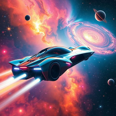 A futuristic flying car zooming through the vastness of space, surrounded by vibrant stars and colorful nebulas