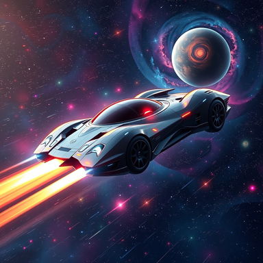 A futuristic flying car zooming through the vastness of space, surrounded by vibrant stars and colorful nebulas
