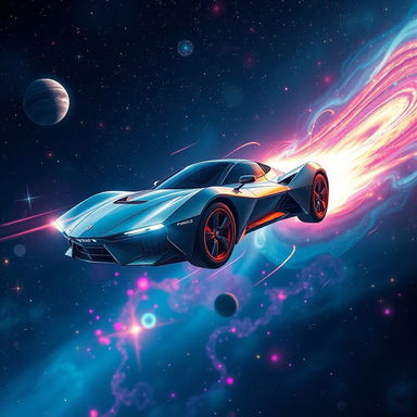 A futuristic flying car zooming through the vastness of space, surrounded by vibrant stars and colorful nebulas