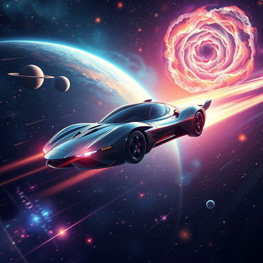 A futuristic flying car zooming through the vastness of space, surrounded by vibrant stars and colorful nebulas