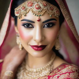 A South Asian (Desi) bride dressed in traditional wedding attire, showcasing intricate details and vibrant colors.