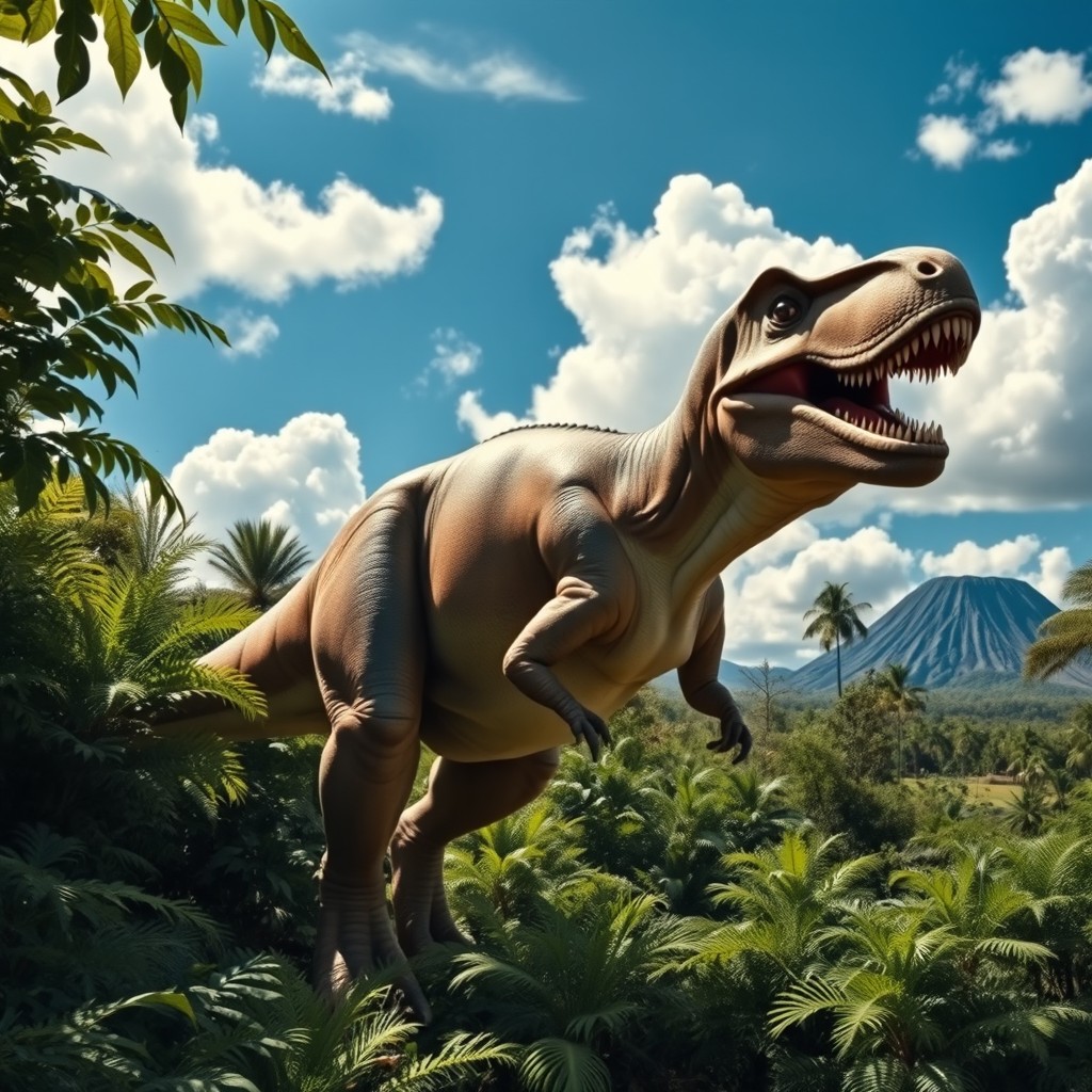 A majestic Tyrannosaurus rex standing in a lush prehistoric landscape, surrounded by dense greenery and giant ferns