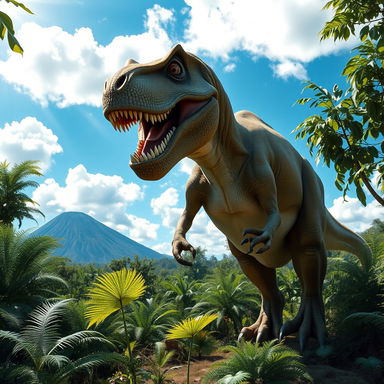 A majestic Tyrannosaurus rex standing in a lush prehistoric landscape, surrounded by dense greenery and giant ferns