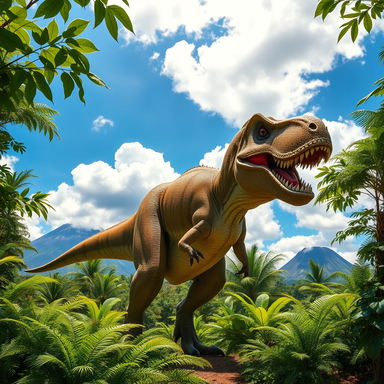 A majestic Tyrannosaurus rex standing in a lush prehistoric landscape, surrounded by dense greenery and giant ferns