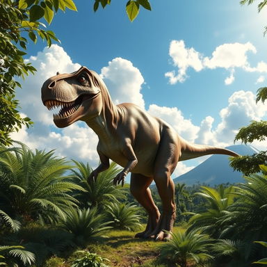 A majestic Tyrannosaurus rex standing in a lush prehistoric landscape, surrounded by dense greenery and giant ferns