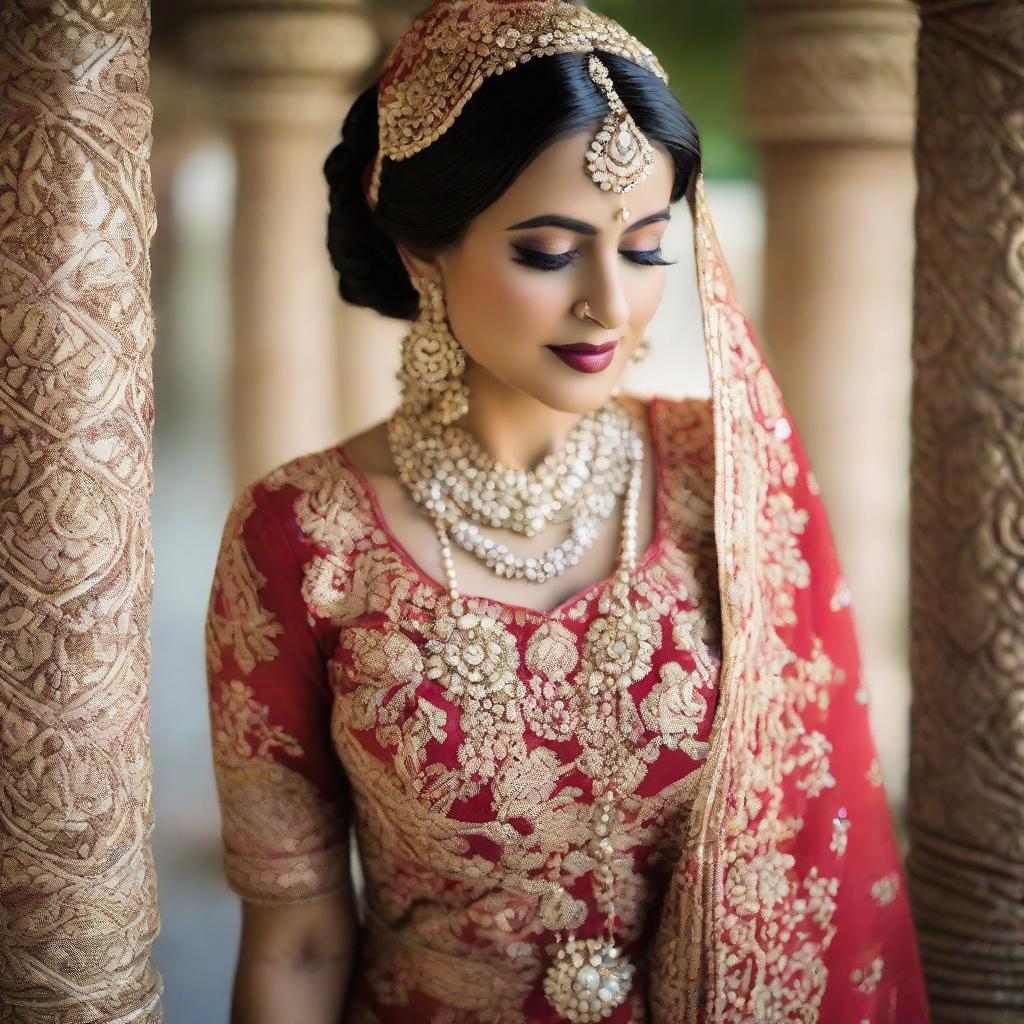 A South Asian (Desi) bride dressed in traditional wedding attire, showcasing intricate details and vibrant colors.